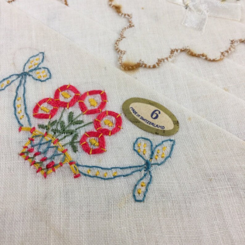 1920s handkerchief box, butterfly art deco print antique hankies close up of embroidery