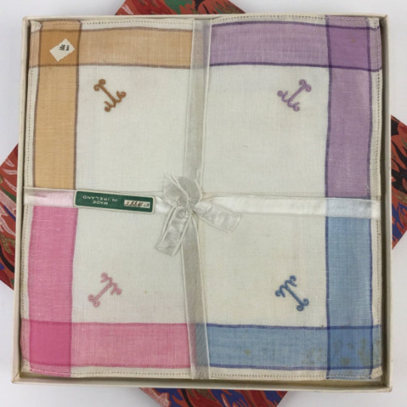 1920s art deco handkerchiefs, deadstock in original printed box, wrapped in ribbon