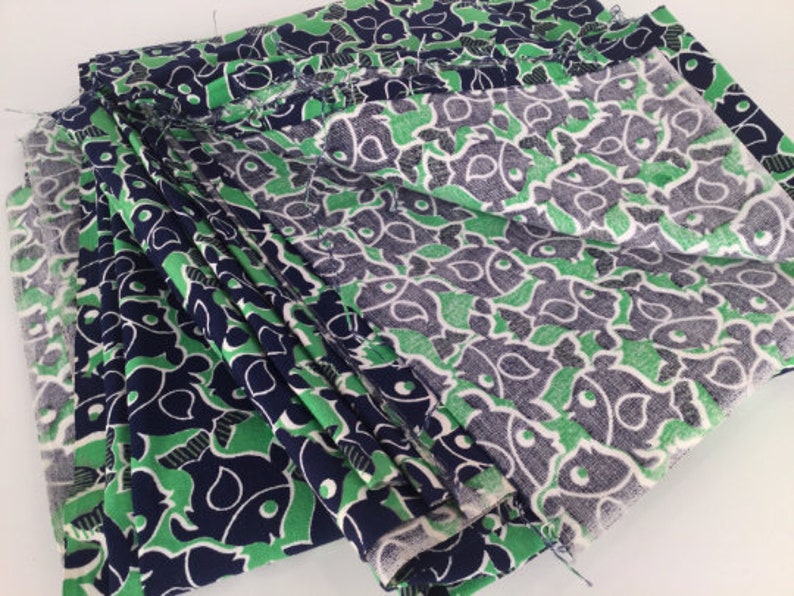 80s Fish Print Fabric, Vintage Sewing Fabric, Navy Blue & Green Cotton Novelty Print Fabric, 2 PCs, 4+ Yards, Beach House Decor