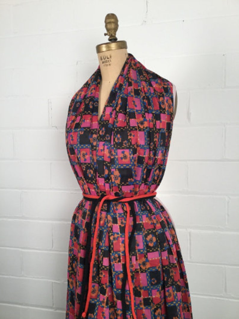 Vintage 1970s Plum & Black Floral Nylon Fabric, Rich Multicolor Floral Box Check Print, Semi Sheer Nylon Dressmaking Fabric, 6+ Yards