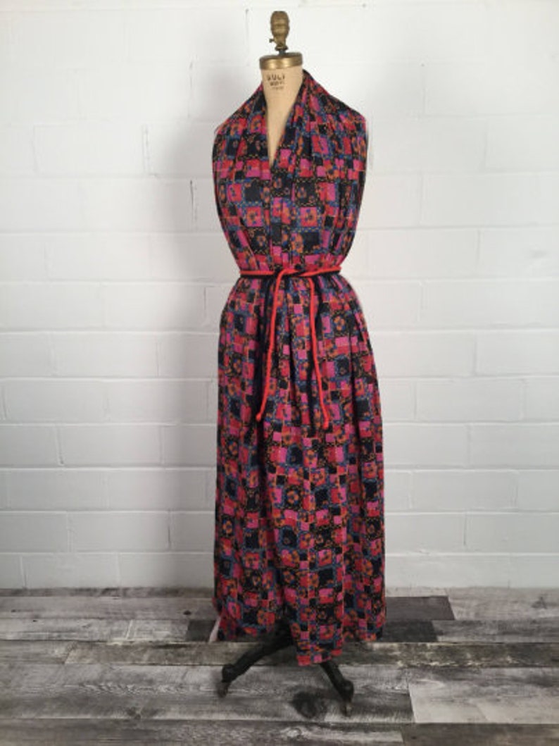 Vintage 1970s Plum & Black Floral Nylon Fabric, Rich Multicolor Floral Box Check Print, Semi Sheer Nylon Dressmaking Fabric, 6+ Yards