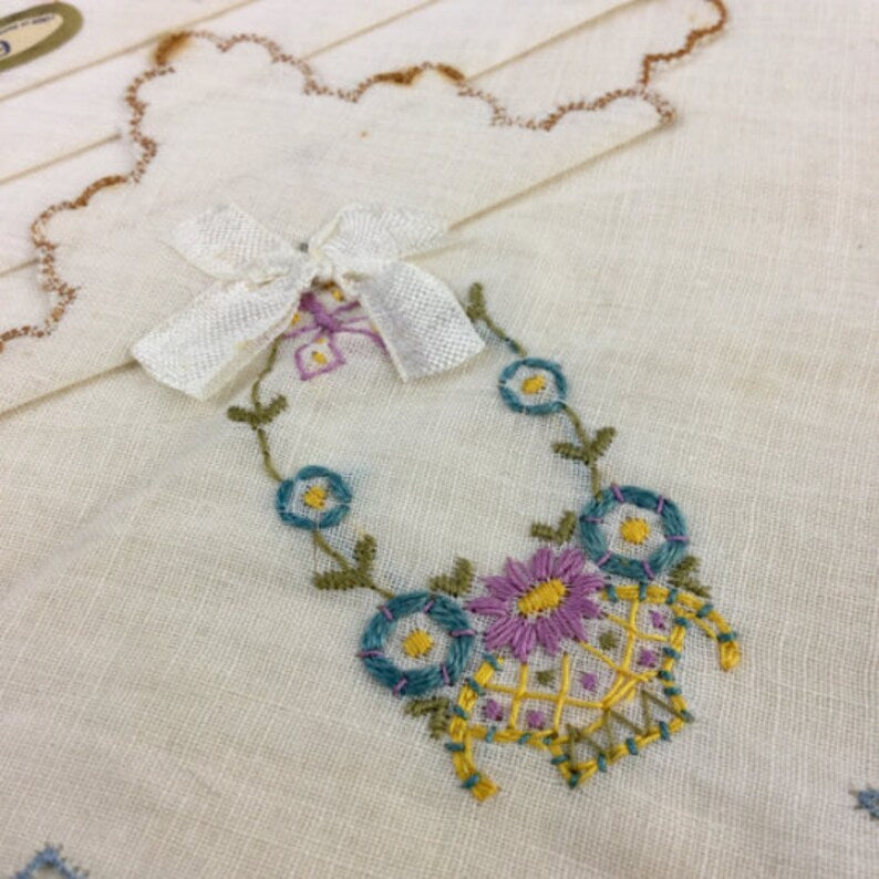 1920s handkerchief box, close up of floral embroidery on handkerchief