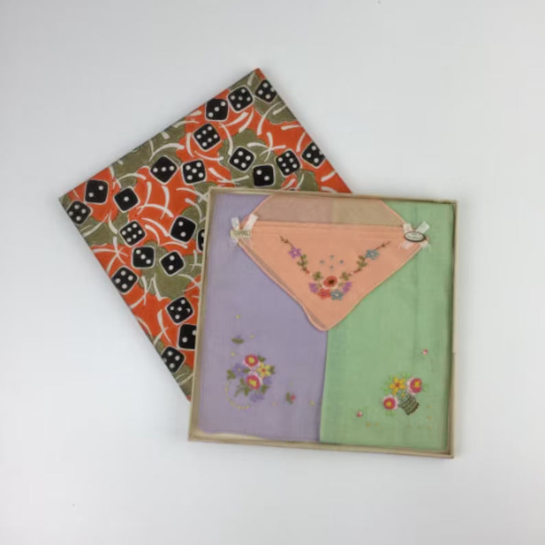 1920s art deco deadstock handkerchiefs in original box with novelty dice print