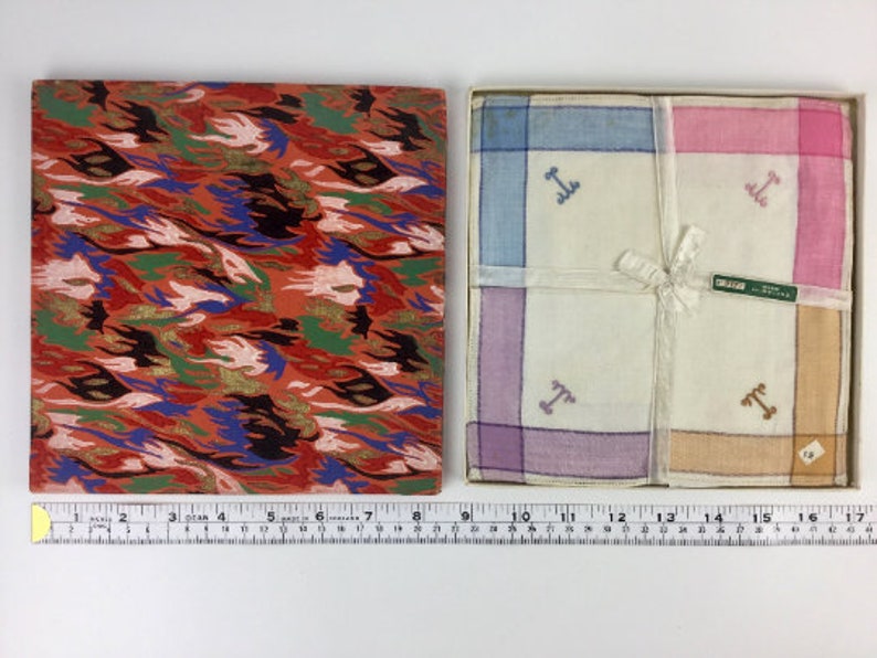 1920s art deco handkerchiefs, deadstock in original printed box, wrapped in ribbon