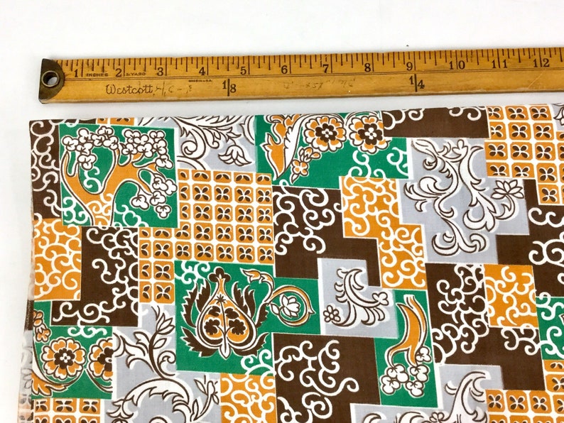 1940s Cotton Fabric Yardage, 4+ Yards, Brown Green Novelty Patchwork Print, W 36", 1940s Vintage Dressmaking Upholstery Fabric, Sewing