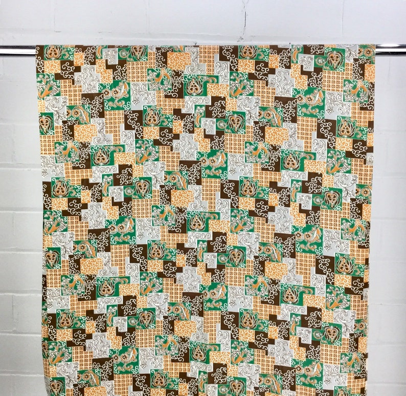 1940s Cotton Fabric Yardage, 4+ Yards, Brown Green Novelty Patchwork Print, W 36", 1940s Vintage Dressmaking Upholstery Fabric, Sewing