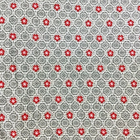 1950s Red Floral Cotton Fabric, Vintage Red Black White Floral Print, Sold as a Whole, 8Y 30", W34", Fine Percale, Quilting Fabric
