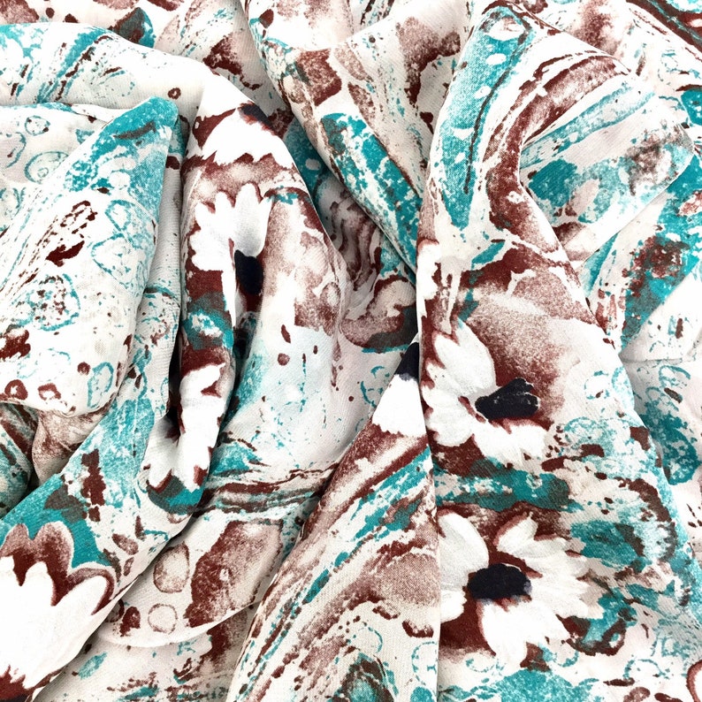 Vintage 40's Sheer Turquoise Blue Green & Brown Floral Bubble Print Rayon Fabric, 3.44Y (3.15 M), 1940s Dressmaking Sewing Fabric, Sold as a Complete Lot
