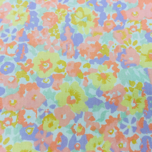 1950s 60s Cotton Floral Fabric, 3 Y 25", Sold as a Whole, Vintage Sewing Fabric, Peach Yellow Lavender Small Scale Floral Print