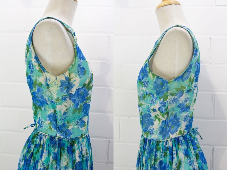 Vintage 1960s Jonathan Logan Blue Floral Print Chiffon Dress, Gathered Full Skirt, Deep V Back, 60s Party Dress, Size XS/Small, Bust 34''