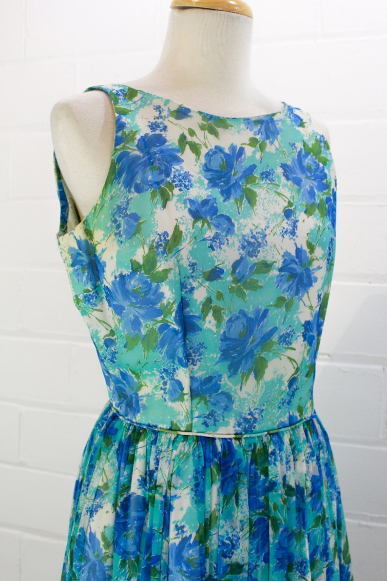 Vintage 1960s Jonathan Logan Blue Floral Print Chiffon Dress, Gathered Full Skirt, Deep V Back, 60s Party Dress, Size XS/Small, Bust 34''