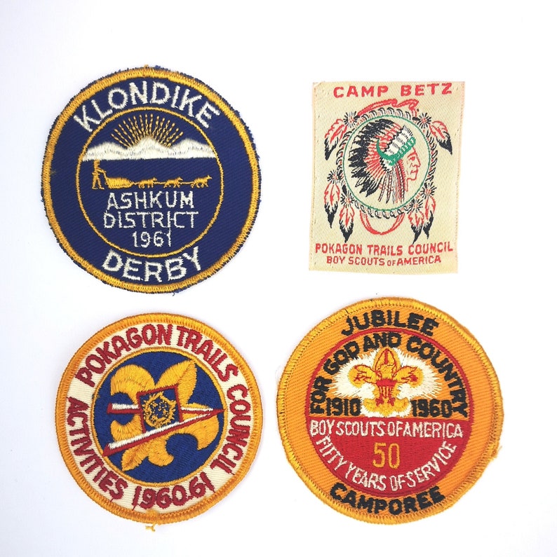 Vintage 60's Boy Scout Event Badges, Klondike Derby, Jubilee Camporee, Camp Betz Pokagon Trails, Boy Scouts of America, Set of 4 Appliques