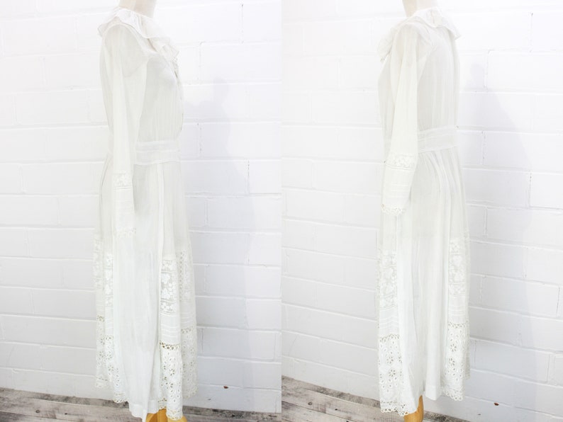 Antique Edwardian White Batiste Cotton Gauze Lawn Dress with Ruffle Collar, Long Sleeves, Lace and Embroidery, Boho Wedding Dress, Bust 34"
