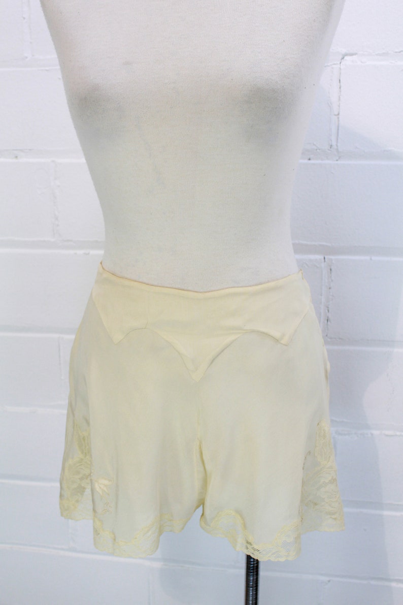 1920s Cream Silk Tap Shorts with Embroidery, Shaped Waist Yoke, Lace Insets, Size Small, Waist 26 in. Antique Lingerie Bloomers Tap Pants