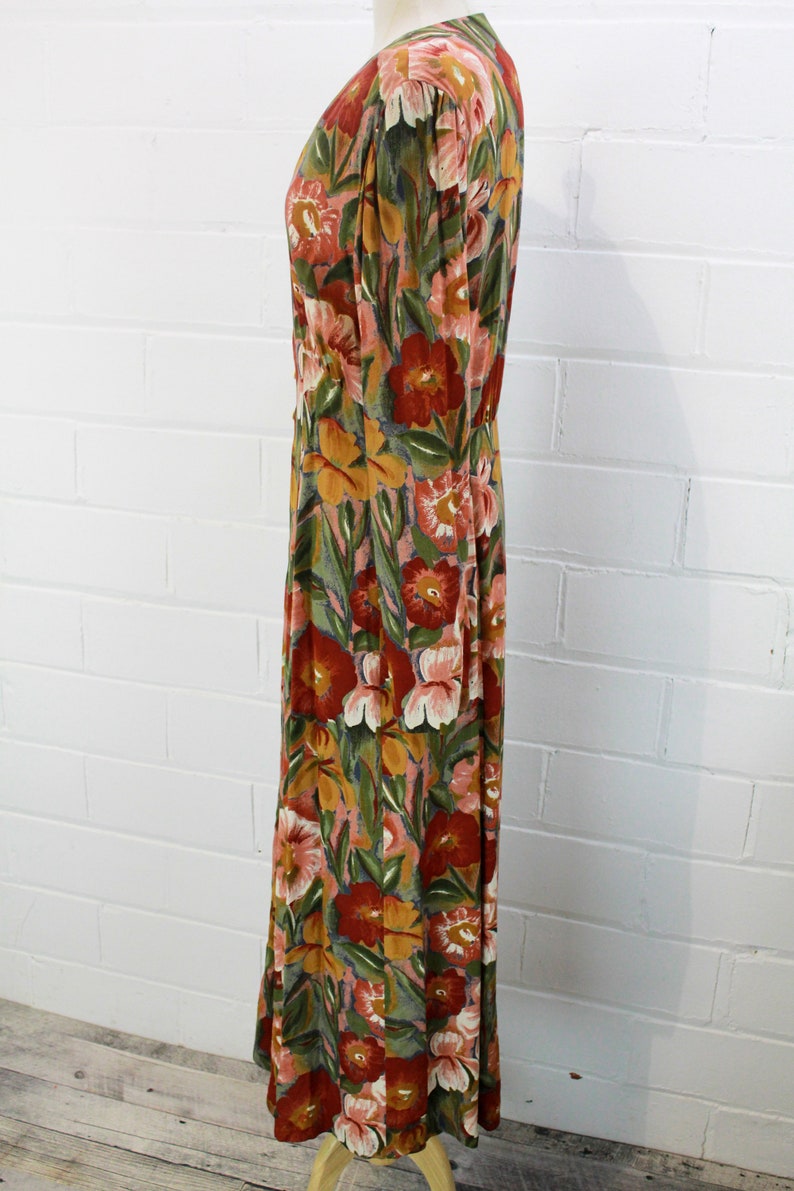Vintage 1990s Deadstock Dark Autumnal Floral Rayon Long Sleeve Button Front Maxi Dress Large Vintage 1990s Deadstock Dark Autumnal Floral Rayon Long Sleeve Button Front Maxi Dress Large