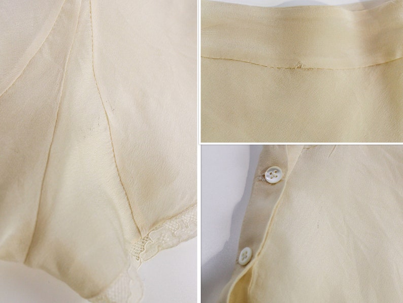 1920s Cream Silk Tap Shorts with Embroidery, Shaped Waist Yoke, Lace Insets, Size Small, Waist 26 in. Antique Lingerie Bloomers Tap Pants