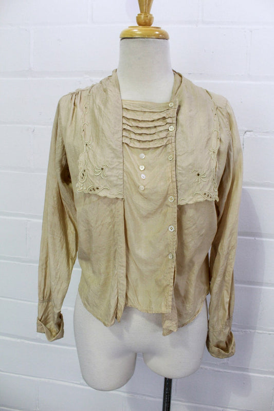 Antique 1900s Edwardian Silk Blouse, Embroidered Collared Antique Blouse, Beige Silk, Medium