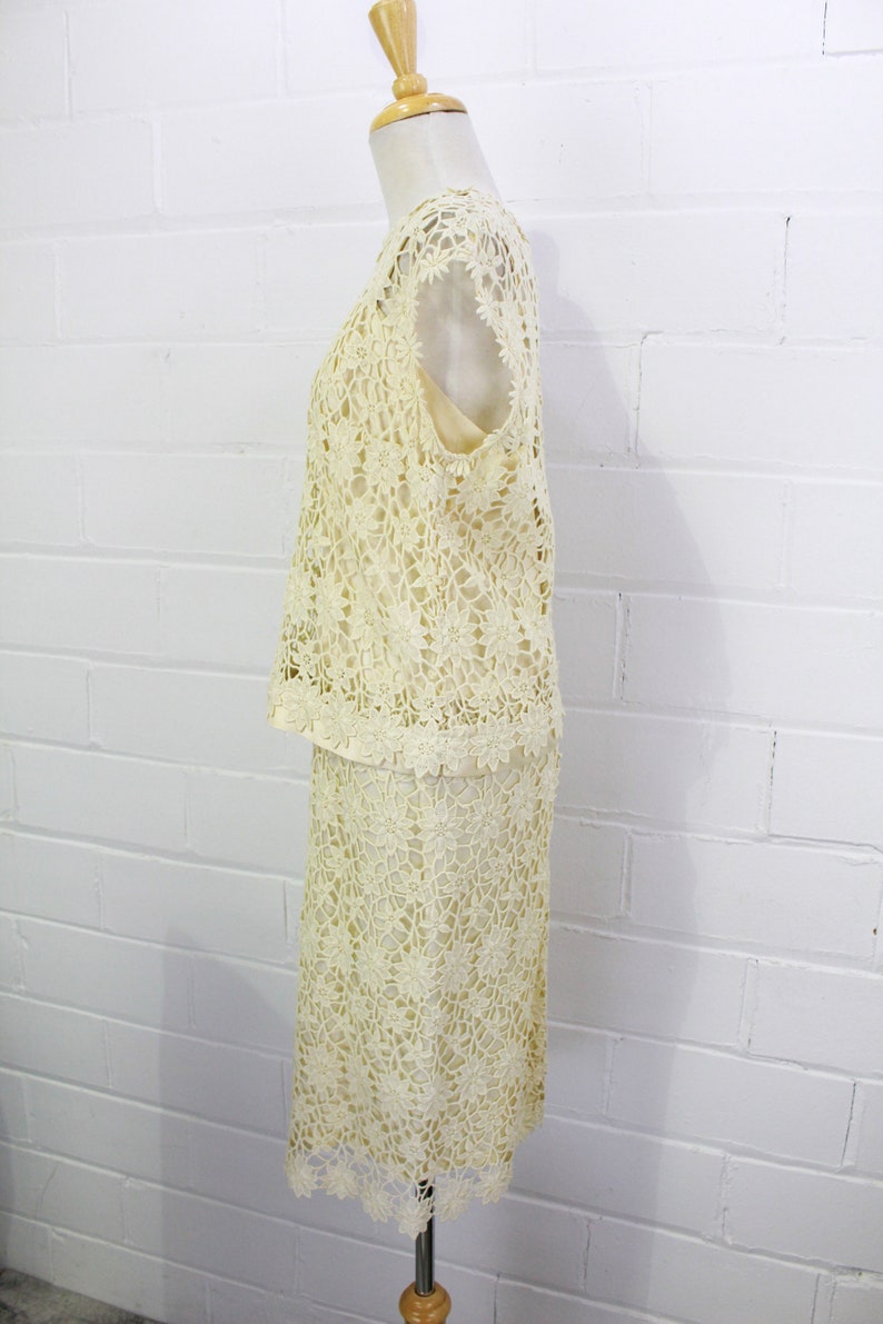 Left side of 60s 2 piece cream lace dress. Ian Drummond Vintage. 