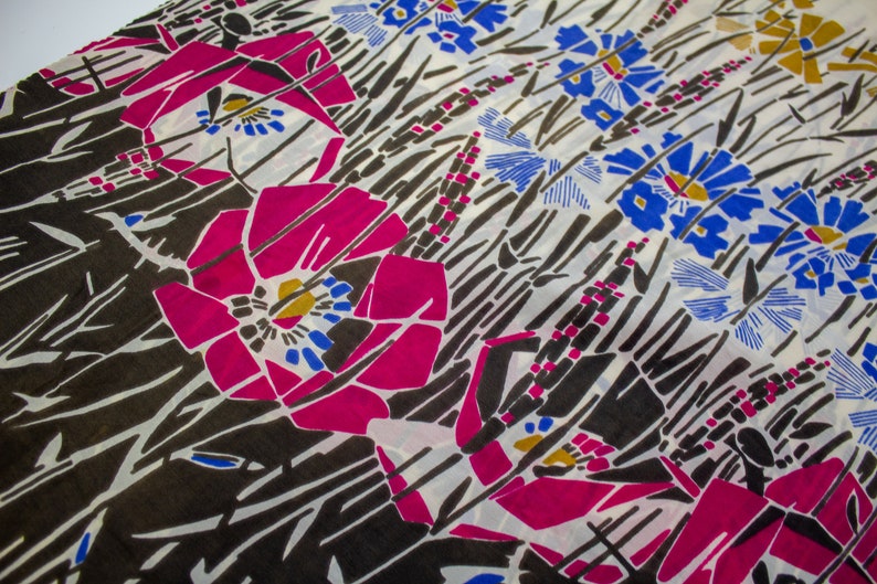 1920s Silk Fabric, Art Deco Floral Print Large Flowers Magenta, Blue, Golden Yellow, Vintage Sewing Fabric, Dress Making Fabric 1.36 Yards
