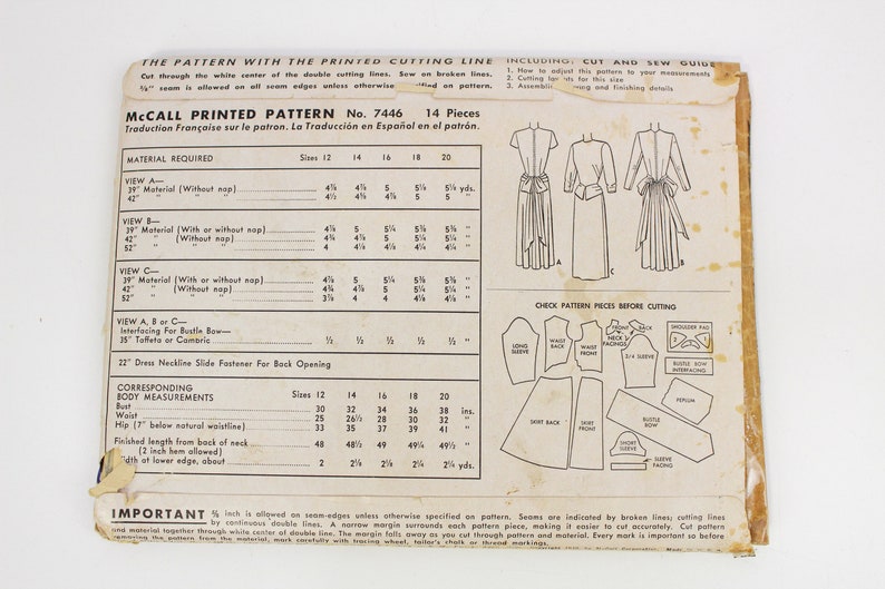 1940s Women's Dress Sewing Pattern McCall 7446, Vintage Sewing Pattern, Bust 32 in., Complete