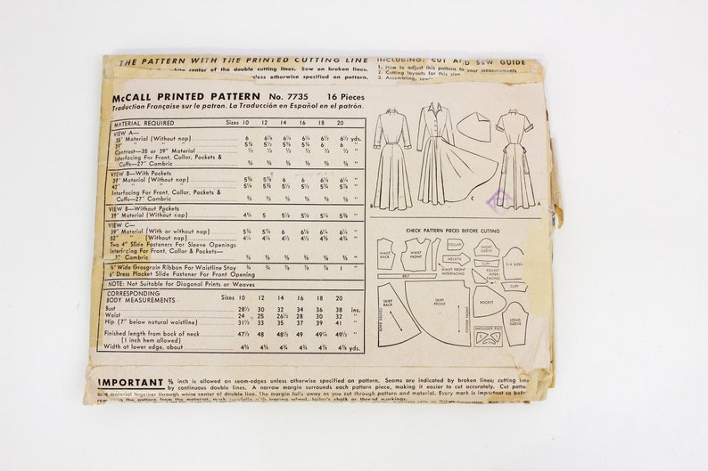 Vintage 1940s Shirtwaist Dress Sewing Pattern, McCall 7735, Large Patch Pockets & Full Skirt, Bust 28.5"