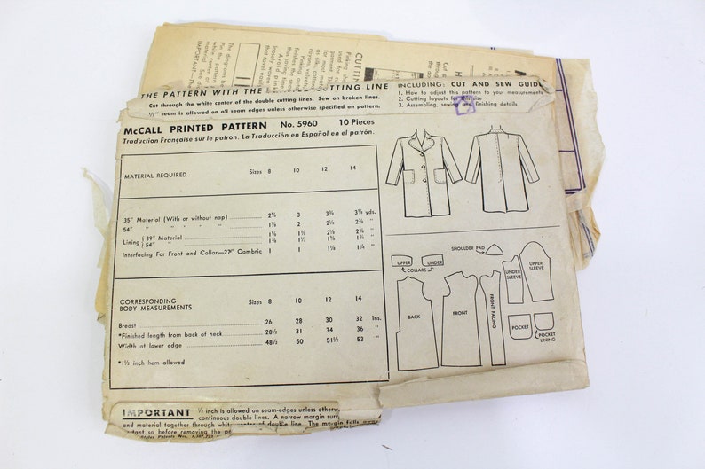Vintage 1940s Girl's Coat Sewing Pattern, McCall 5960, Bust 30", Complete, Cut