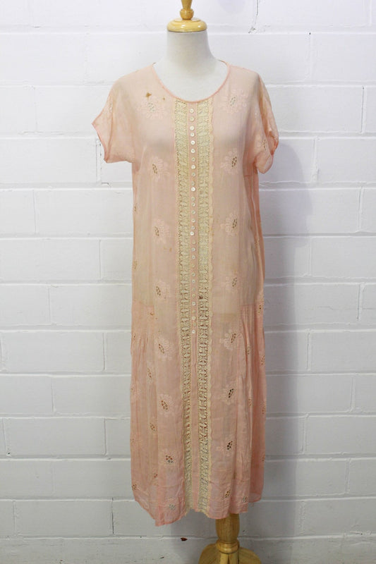 1920s Lawn Cotton Dress, Medium, Pale Pink with Lace Trim Placket and Mother of Pearl Buttons, As Is