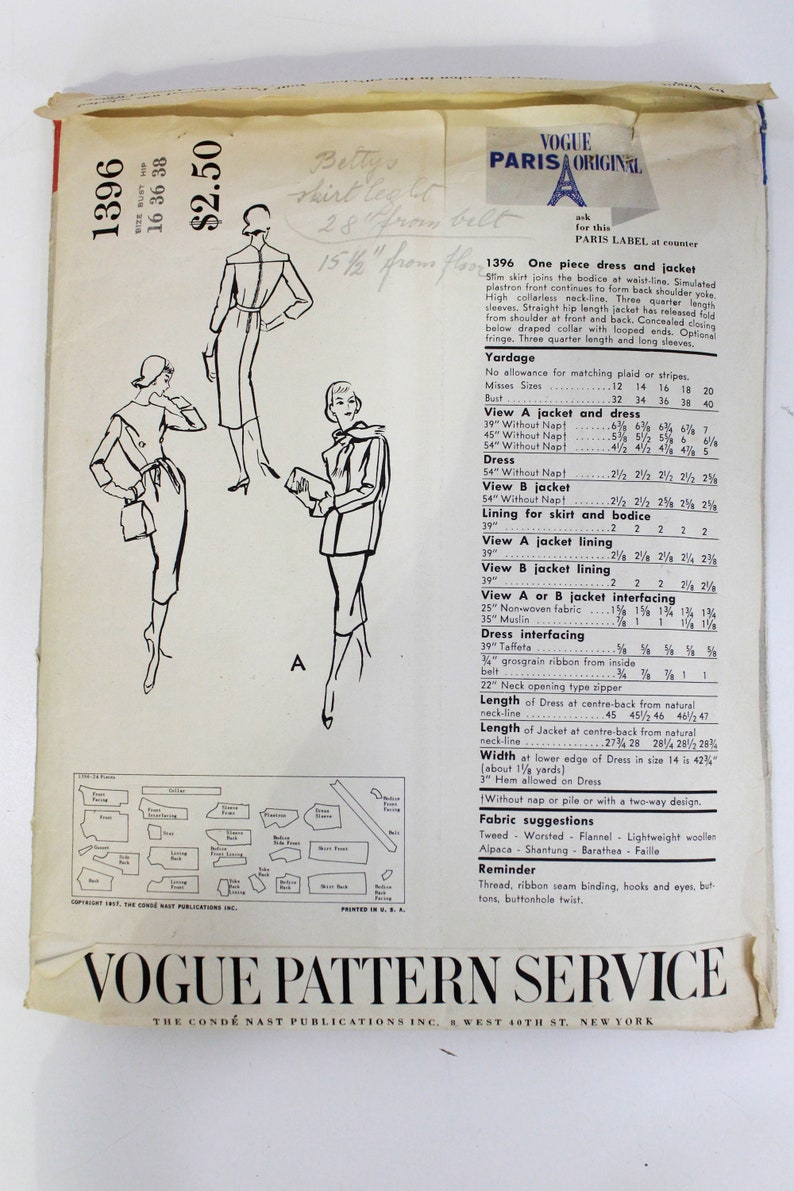 1950s Dress and Jacket Sewing Pattern Vogue Paris Original 1396 Patou, Vintage 50s Sewing Pattern, Complete, Bust 36