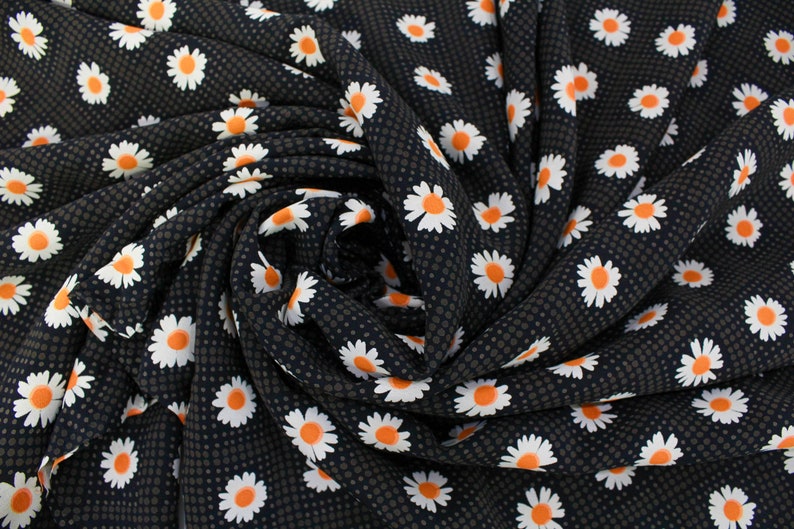 Vintage 80s Deadstock Designer Biancini Ferier Black Daisy Print Silk Fabric, 5 yrd