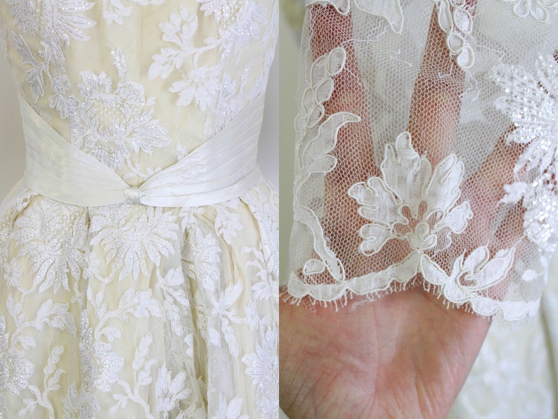 Vintage 1950s White Metallic Lace Wedding Dress, Cream Lining, Xs Vintage 1950s White Metallic Lace Wedding Dress, Cream Lining, Xs