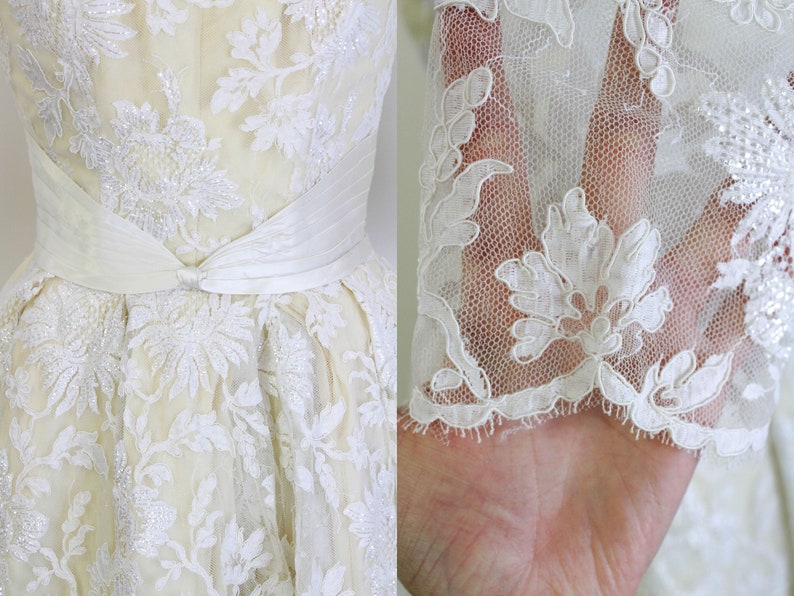 1950s Wedding Dress, 50s Vintage Bridal Dress White Lace, Satin Pleated Belt, Mid Century Metallic Lace Wedding Dress, 3/4 Sleeves