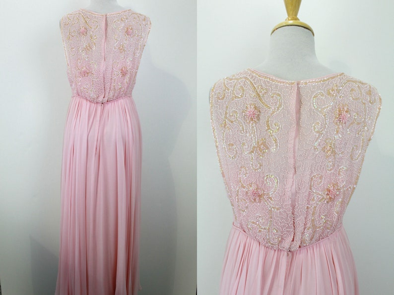 Back view of pink beaded chiffon 60s dress. Ian Drummond Vintage. 