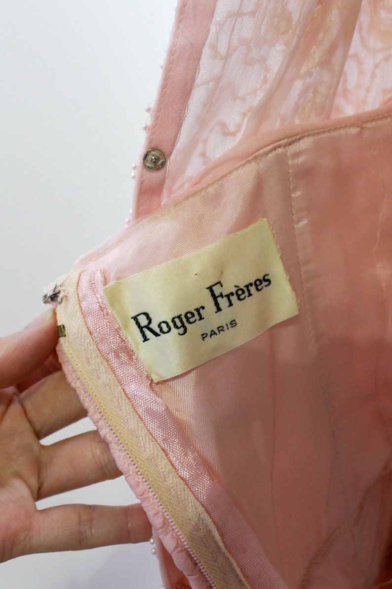 Roger Frères Paris clothing label on 60s pink chiffon beaded dress. Ian Drummond Vintage. 