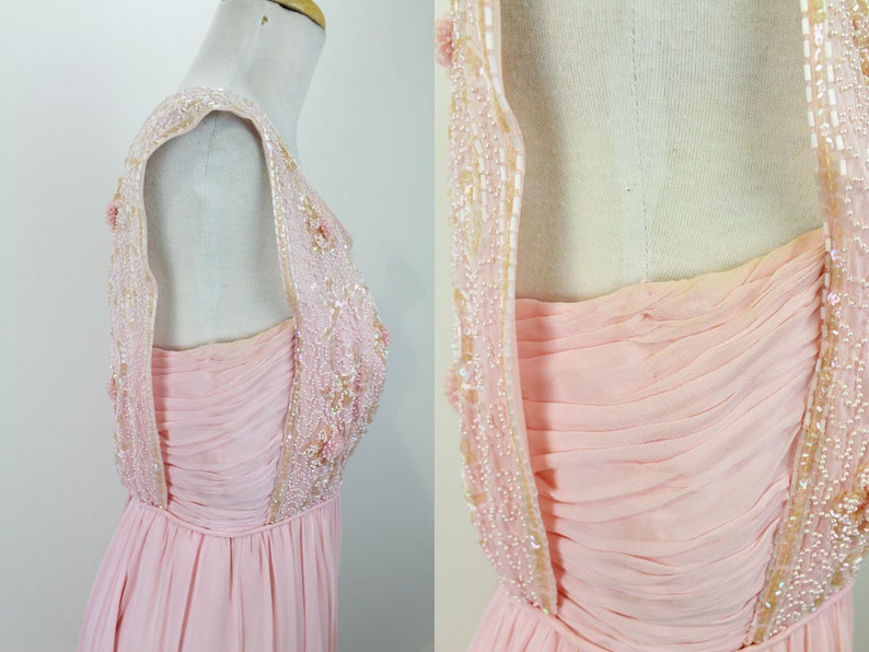 Side details of 60s pink chiffon party dress. Ian Drummond Vintage. 