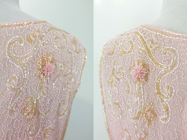 Close-up of beadwork on 1960s pink chiffon dress. Ian Drummond Vintage. 
