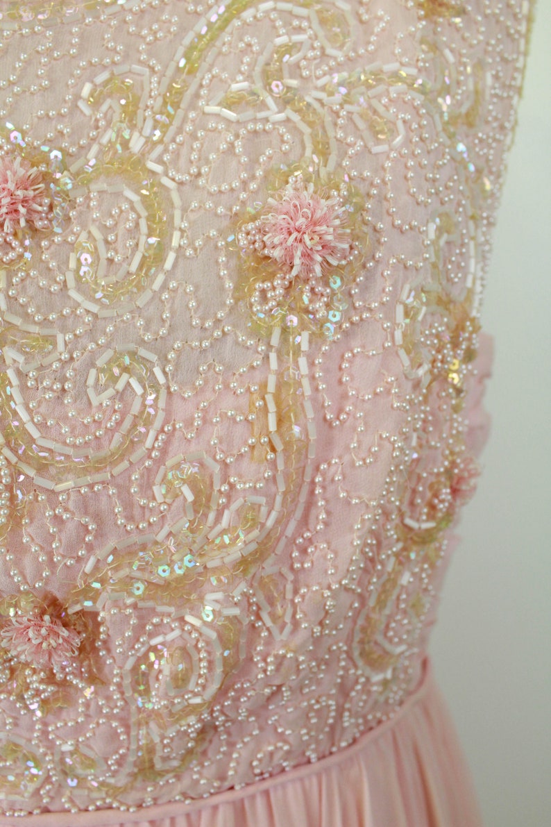 Beadwork close-up details on pink chiffon 60s dress. Ian Drummond Vintage. 