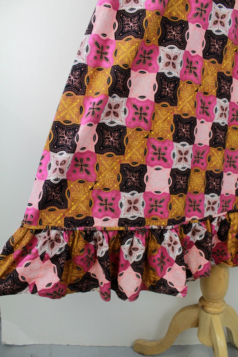 1970s Maxi Dress, Pink and Brown Patchwork Print, Vintage Boho Cotton Maxi Dress Ang Kariktan, XS