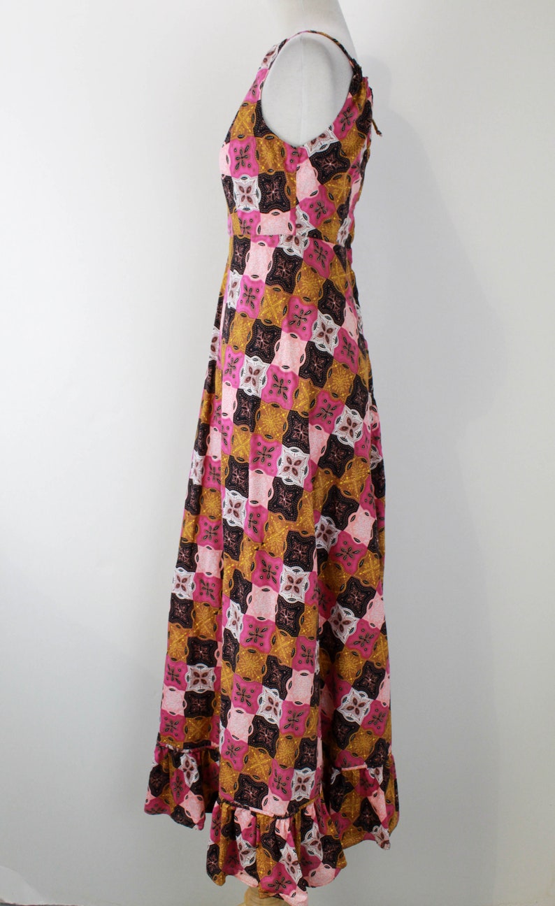 1970s Maxi Dress, Pink and Brown Patchwork Print, Vintage Boho Cotton Maxi Dress Ang Kariktan, XS