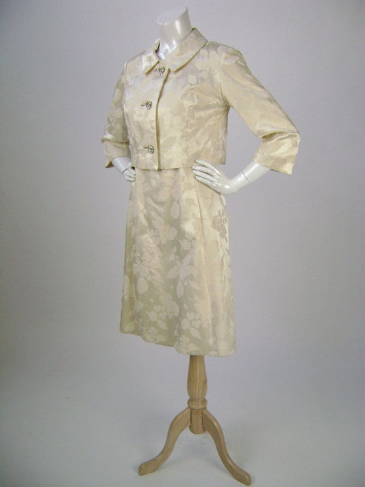 Vintage 60s Cream Floral Brocade Wedding Suit, Rhinestone Buttons, Sleeveless Fitted Dress, Matching Collared Jacket, B34, Mod Wedding Dress