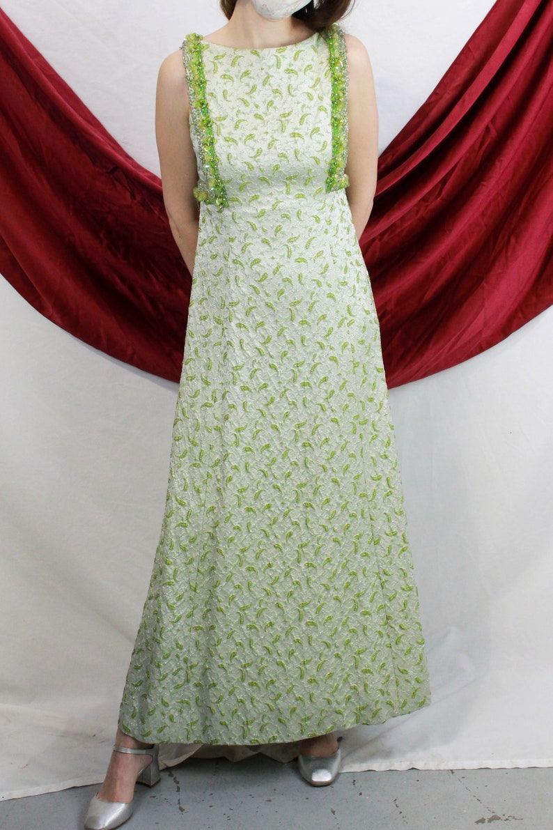 Green vintage 60s lurex paisley beaded gown. Ian Drummond Vintage. 
