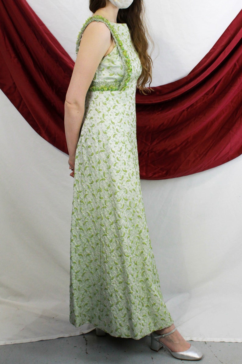 Right side view of green silver lurex paisley dress. Ian Drummond Vintage. 