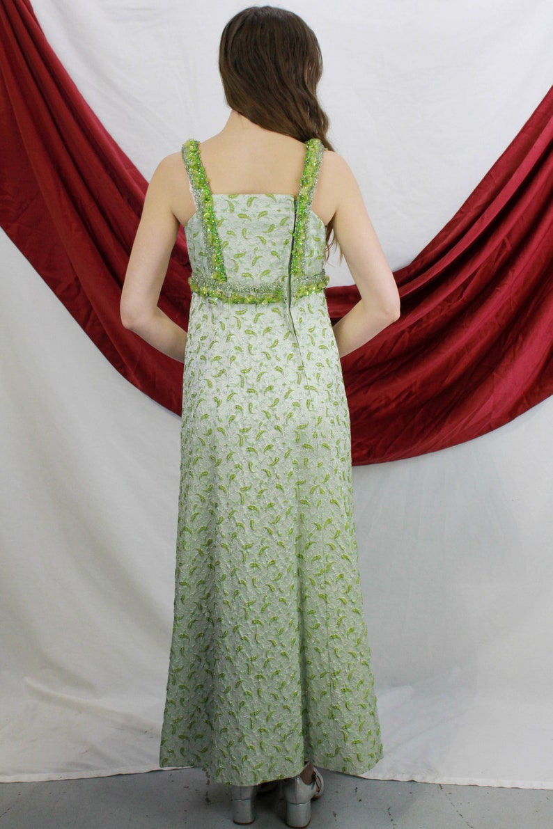 Back of green 60s paisley beaded gown. Ian Drummond Vintage. 