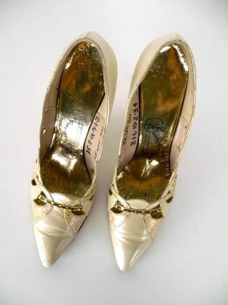 Vintage 50's Gold/Copper Metallic Leather High Heel T-Strap Shoes, Rhinestone Sling-Back Henri Flatow Peep-Toe Sandals, US7