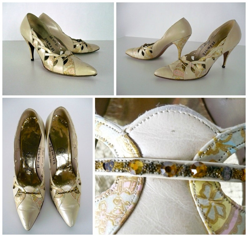 1960s Metallic Gold & Pink Paisley Leather High Heel Shoes, Vintage Metallic Leather Cutwork, Gainsborough Shoes Miami, US SZ 8N 3 3/4" Heel