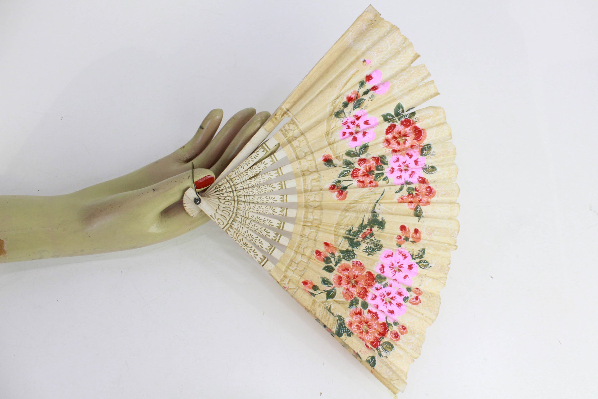 Antique Art Deco Hand Fan, Painted Floral Paper Fan 1920s Cherry Blossoms Painted Wood Frame, Vanity Decor