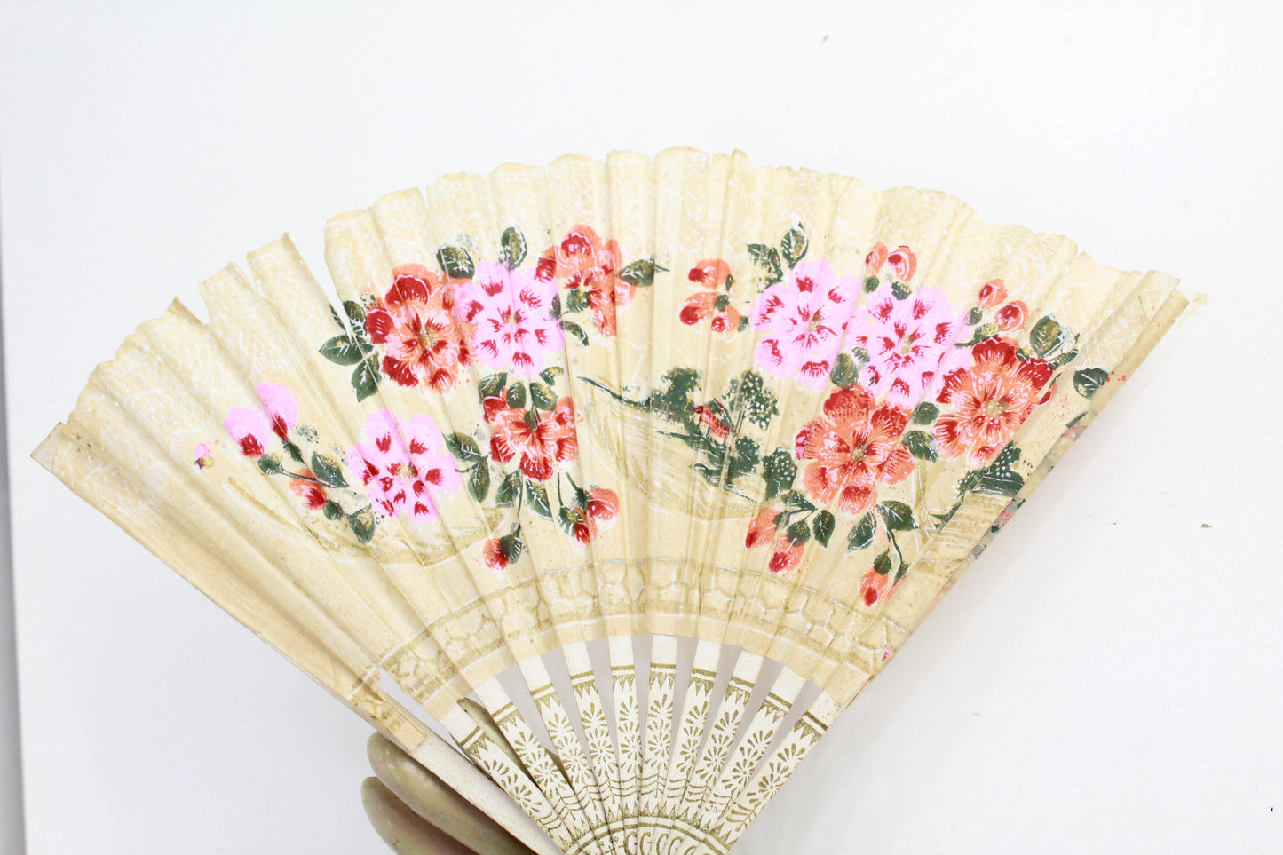 Antique Art Deco Hand Fan, Painted Floral Paper Fan 1920s Cherry Blossoms Painted Wood Frame, Vanity Decor