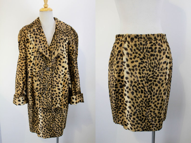 Vintage 1980s Leopard Print Skirt Suit by Mondi, Medium. 