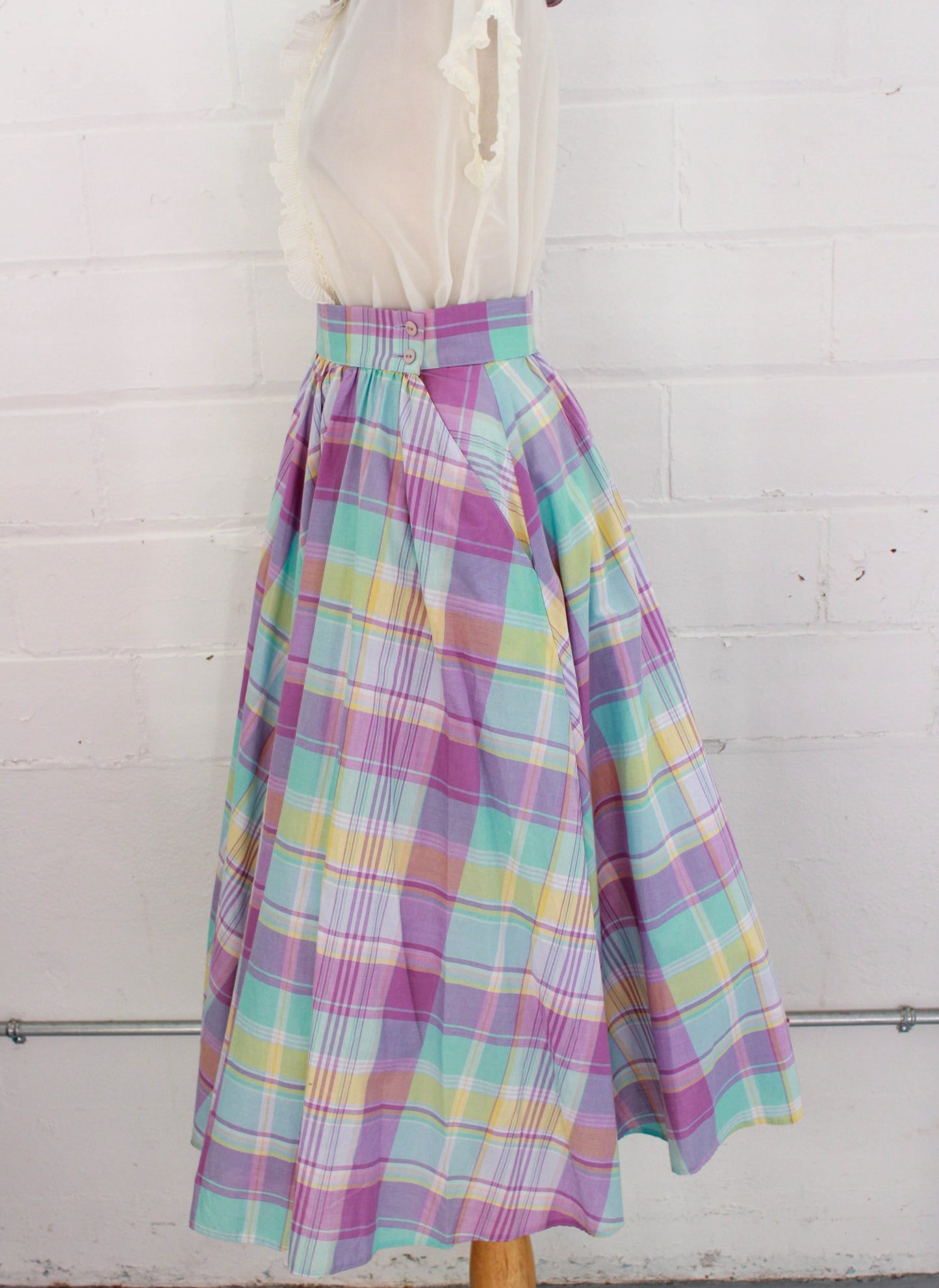 1980s St Michael Cotton Pastel Lilac Blue Plaid Full Skirt, High Waisted 1950s Style