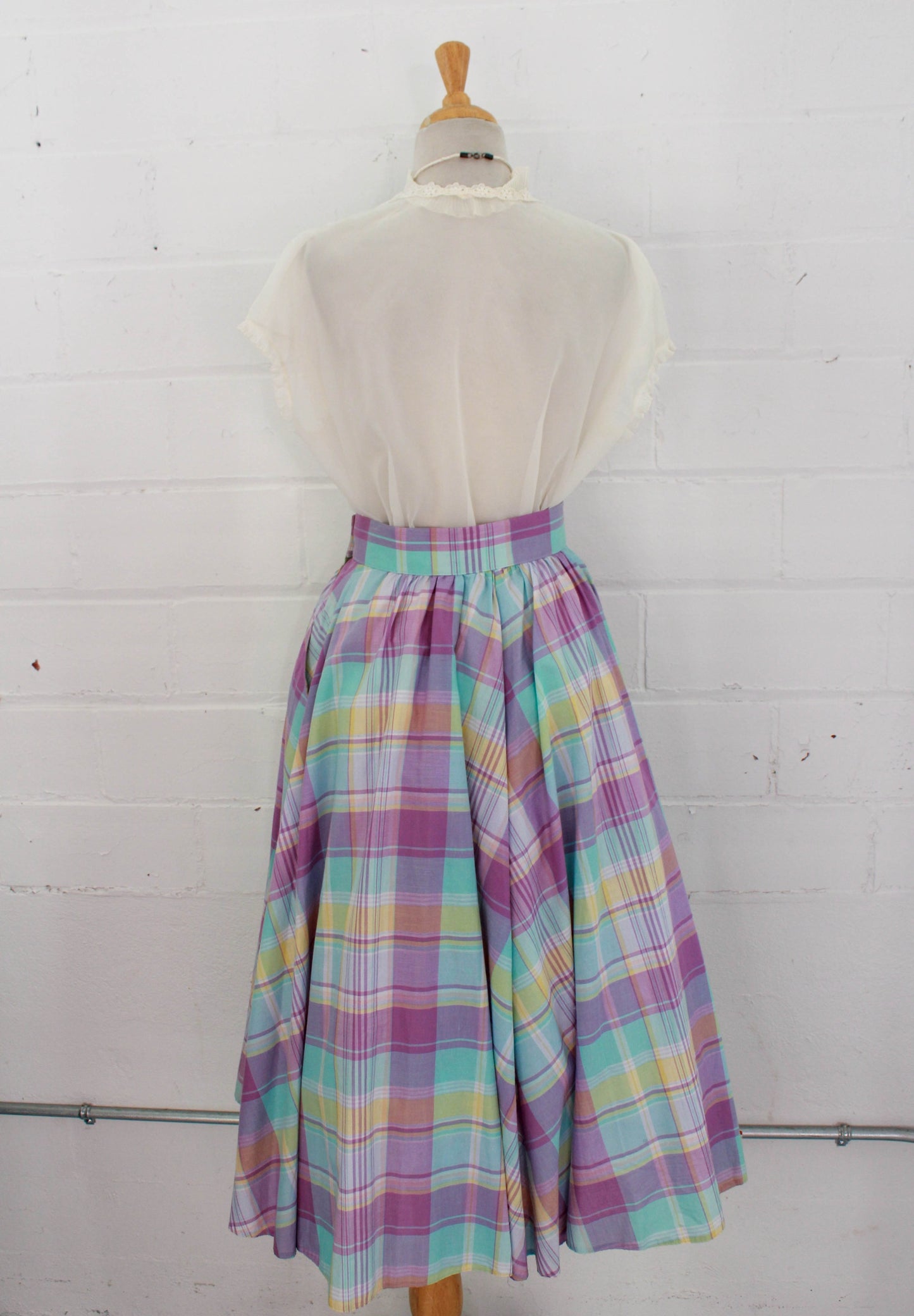 1980s St Michael Cotton Pastel Lilac Blue Plaid Full Skirt, High Waisted 1950s Style