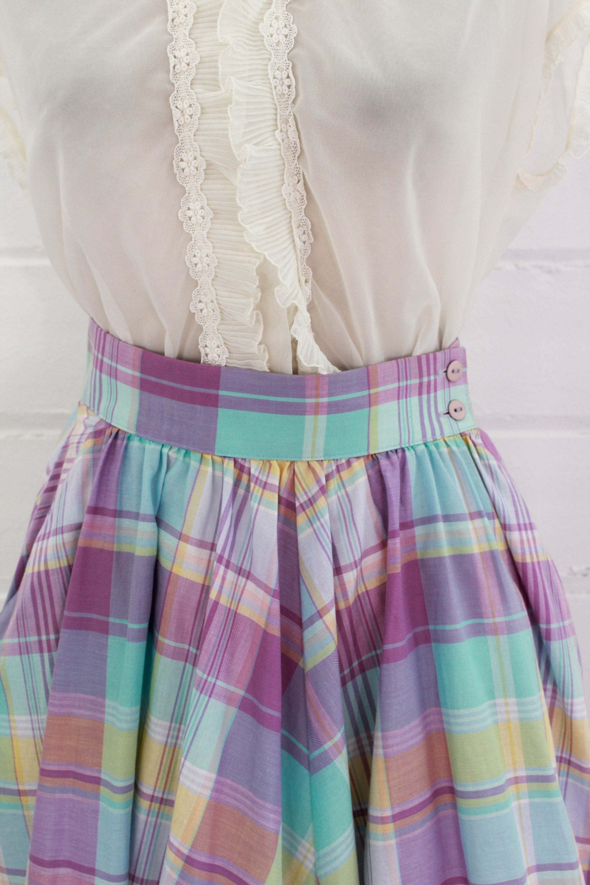 80s does 50s Lilac Plaid Skirt, Waist 26 – Ian Drummond Vintage